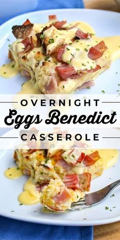 an egg and cheese casserole on a white plate with the title overlay reads overnight eggs benedict casserole