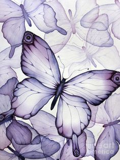 a painting of purple butterflies on a white background