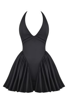 A soft tulle underskirt gives flounce to this festive dress designed with a deeply dipped neckline and an open back. Exclusive retailer Hidden back-zip; ties at neck Plunge halter neck Lined 97% cotton, 3% elastane Dry clean Imported Dress For Evening Party, Black Halter Mini Dress, Dress For Evening, Tulle Underskirt, Neck Stretches, Backless Mini Dress, Black Halter, Halter Mini Dress, House Of Cb