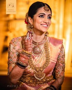 South Indian Wedding Makeup, Indian Bridal Makeup Looks, South Indian Bridal Makeup, Indian Wedding Makeup, Gold Haram, Golden Saree