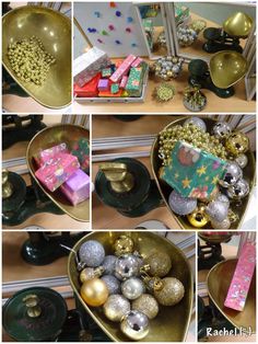 various pictures of christmas decorations and gifts in gold bowls on a table with other items