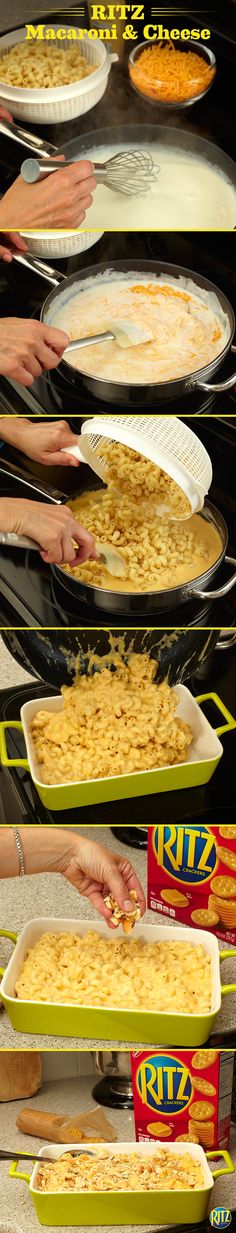 several pans of macaroni and cheese being cooked in an oven with hands reaching for them