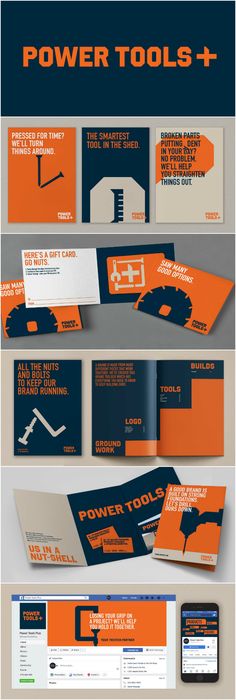 an orange and blue brochure is shown with the words power tools on it