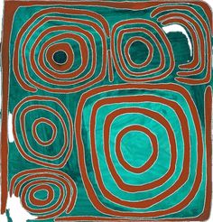 an abstract painting with red and blue circles on green paper, in the shape of a square