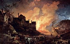 an oil painting of a fire burning in the sky over a town with people and animals