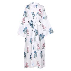 Elegant Spring Cotton Robe, Traditional White Summer Gown, White Dress With Floral Print And Kimono Sleeves, White Long Gown For Spring, White Floral Print Kimono For Vacation, White Floral Kimono For Vacation, White Kimono With Kimono Sleeves For Daywear, White Long Robe For Spring, White Long Robe For Vacation