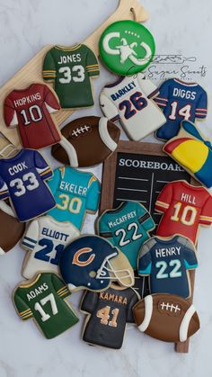 Superbowl football fantasy custom sugar cookies Football Themed Cookies Decorated, Football Jersey Cookies Decorated, Jersey Cookies Decorated, Masculine Cupcakes, Football Sugar Cookies Royal Icing, Football Jersey Cookies, Football Decorated Cookies