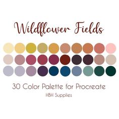 the wildflower fields color palette for procreate is shown in various colors and sizes