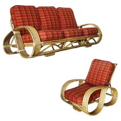 two wooden rocking chairs sitting next to each other on top of a white background with red plaid cushions