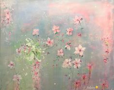 an abstract painting with pink flowers and stars