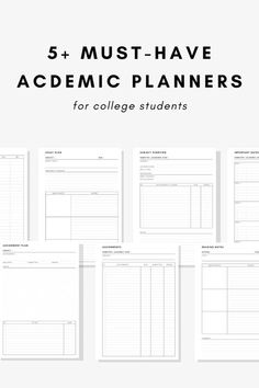 five lined notebooks with the title 5 must have academic planners for college students in black and white