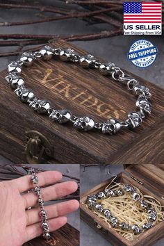 Stainless Steel Mens Punk Skull Chain Bracelet Viking Men's Gothic Jewelry,Bracelet is made up of 316L Stainless Steel.Don't worry about water damage.It Never Fades. Weight about 30gram,when take will feel very good. shape can adjust,you can let it big and small,but total length is 20cm. Viking Men, Punk Skull, Bracelet Viking, Ring Tattoos, Tattoo Bracelet, Jewelry Bag, Black Jewelry, Gothic Jewelry, Jewelry Bracelet