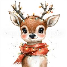 a watercolor painting of a deer with christmas lights on its antlers and scarf