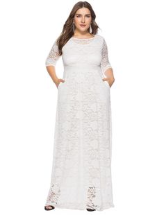 Sheath / Column Plus Size White Holiday Wedding Guest Dress Jewel Neck Half Sleeve Floor Length Lace with Lace Insert Lace Pocket, Elegant Office, Vestido Plus Size, Maxi Dress Prom, Split Dress, Vestidos Vintage, Long Sleeve Short Dress, Dress Bodycon, Sleeve Women