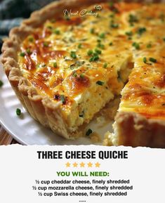 the recipe for three cheese quiche is shown in an advertisement card