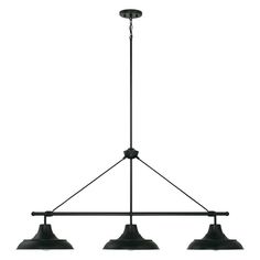 three light chandelier in an industrial style with black metal fixtures and four hanging lights