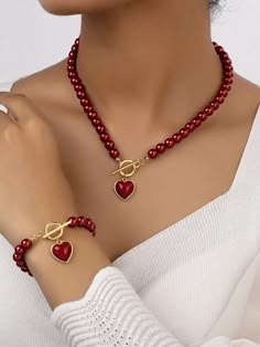 Red  Collar     Embellished   Women's Fashion Jewelry Handmade Jewelry Ideas Necklace, Beaded Necklace And Bracelet, قلادات متدلية, Buckle Necklace, Jewelry Sets Handmade, Pearl Charm Necklace, Heart Shaped Pendant Necklace, Heart Shaped Necklace, Beads Bracelet Design