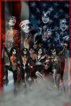 the kiss band is shown in front of an american flag with skulls and skulls on it