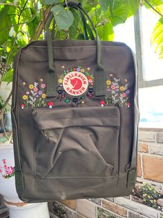 Welcome to our charming collection of hand-embroidered Fjallraven Kanken backpacks, meticulously crafted with love and precision. Elevate your style and stay organized on-the-go with these premium quality backpacks available in two convenient sizes:  - Medium (27x38x13cm)  - Large (32x42x13cm) + Key Features: - Hand-Embroidered Excellence: Each Fjallraven Kanken backpack is adorned with exquisite hand-embroidery, creating a unique and exclusive piece that sets you apart from the crowd. - Premium Embroidery On Kanken, Fjallraven Kanken Aesthetic, Embroidered Fjallraven Kanken, Fjallraven Kanken Embroidered, Embroidery Kanken Bag, Kanken Style, Fjallraven Kanken Kawaii, Fjallraven Kanken Backpack Embroidered, Backpack With Pins