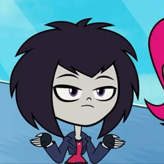 two cartoon characters one with black hair and the other pink, standing next to each other