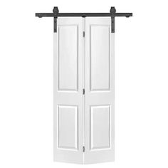 an open white door with black hardware on the top and bottom bars, against a white background