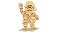 a wooden cutout of santa clause holding his hand up