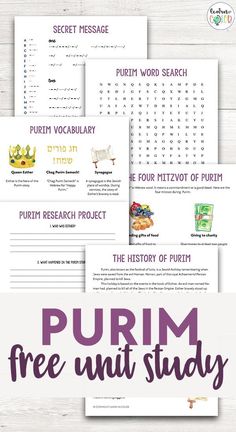 the printable purim free unit study is shown in three different colors and font