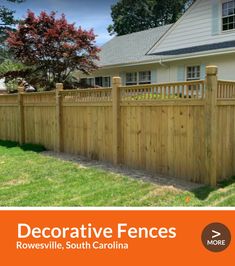 a wooden fence in front of a house with the words our work rowesville, south carolina