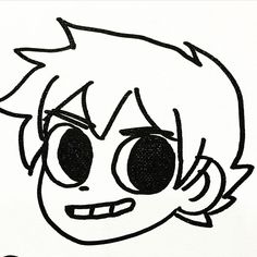 a black and white drawing of a cartoon character with eyes wide open, looking to the side