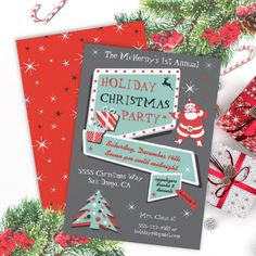 christmas party flyer with presents and decorations