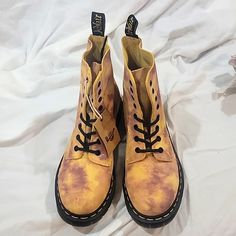 A Very Unique Pairs Of Doc Martens. Suede Yellow And Purple Tie Dye Upper With Black Laces. Size 9 L In Us. I Accept Reasonable Offers. Ask Me Any Questions! Trendy Yellow Winter Boots, Yellow Leather Ankle-high Boots, Yellow Lace-up Casual Boots, Casual Yellow High-top Boots, Yellow Leather Boots With Round Toe, Yellow Leather High-top Boots, Yellow High-top Leather Boots, High-top Yellow Boots For Spring, Yellow Ankle-high Spring Boots