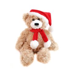 a brown teddy bear wearing a santa hat and red scarf on its neck, sitting against a white background