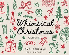 an image of christmas clipart with ornaments and gifts on it's side, including the words whimsical christmas