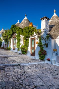 a white house with plants growing on the roof and words over it that read, de mooisie campings in apule