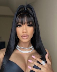 Hair Name: Bangs Wig Hair Style: Straight Wigs With Bangs Hair Length: 8-30 inch Wig Weight: 200-320g/Wig (Depending on Lengths and Density) Color: Natural Black #1B Density: 180% Cap Size: Medium, about 22.5inches Quality: 100% Virgin Human Hair Last for One More Year Hairline Bangs Shipment: DHL, FedEx, or UPS 5-7 business days. Hair Ponytail Styles With Bangs, Ponytail Wig With Bangs, Chinese Bangs With Ponytail, Outfit With Bangs Hairstyle, Straight Wigs With Bangs, Lace Wigs With Bangs, Chinese Bangs Half Up Half Down, Chinese Bang Wig Hairstyles, Side Part With Bangs Jt