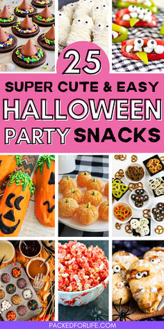 A collage of creative Halloween treats, showcasing fun Halloween snacks for a party, including mummy cookies, pumpkin-themed snacks, and spooky popcorn Finger Foods For Kids Halloween Party, Kids Halloween Snack Board, Halloween Kids Snack Ideas, Toddler Halloween Food Ideas, Halloween Kid Snacks Party Ideas, Spooky Treats For Kids, Easy Halloween Themed Snacks, Halloween Themed Birthday Party Food, Spooky Night Snacks