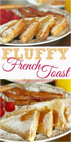 french toast with powdered sugar and fruit on the side is shown in this collage