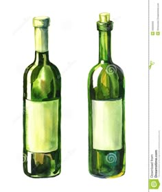 watercolor painting of two green wine bottles with blank labels on the front and back