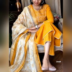 Cotton Slub Fabric Embroidery Suit. Cotton Slub Fabric Used In Kurti. Beautiful Embroidery Work On Yoke Work ..Length 46-47 Inches Pure Cotton Slub Fabric In Pants.. Crocia Lace Work Dupatta Khadi Silk Digital Printed Duppata 2.4 Meter *Sizes 38,40 No Soak. Gentle Hand Wash. Yellow Outfit Summer, Indian Suit, Readymade Salwar Kameez, Kurti Style, Cotton Kurtis, Yellow Suit, Cotton Salwar Kameez, Kurti Pant, Kurtis With Pants