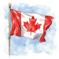 the canadian flag is flying high in the sky with watercolor paint on it's side