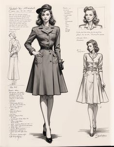 1930s Woman Fashion, 1940s Trench Coat, 1940s Photos Women, Retro Elegant Dress, French 40s Fashion, Old Art Reference, Vintage Fashion Design Sketches, 1940s Women Fashion, 1940s Italian Fashion