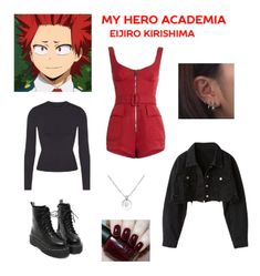 Channel your inner hero with this unbreakable ensemble inspired by Eijiro Kirishima from My Hero Academia! The focal point is a red playsuit and black cropped denim jacket, reflecting Kirishima's unwavering determination. Paired with Doc Marten boots, this outfit amplifies his edgy style, while the color scheme pays homage to his signature look. Embrace Kirishima's indomitable spirit and flaunt your own heroic fashion with this Red Riot-inspired outfit. 🛡️🔥🖤 Kirishima Inspired Outfit, Red Playsuit, My Hero Academia Costume, Character Inspired Outfits, Casual Cosplay, Outfit Inspo Casual, Beauty Clothes, Cropped Denim Jacket