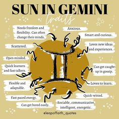 the sun in gemini poster with its corresponding words and their meaningss on it