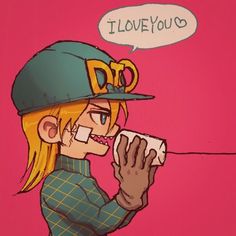 a drawing of a person wearing a baseball cap and holding a cup with the word i love you written above it