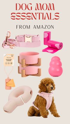 Pink Dog Mom Essentials from Amazon Kawaii Dog Supplies, Cute Puppy Things To Buy, Pet Accessories Aesthetic, Female Puppy Accessories, Cute Dog Stuff For The Home, Amazon Puppy Must Haves, Dog Essentials Aesthetic, Puppy Essentials Aesthetic, Puppy Accessories Aesthetic