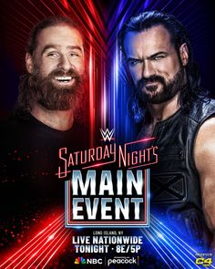 two men standing next to each other in front of a red and blue background with the words main event on it