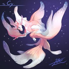 two white and pink birds flying through the air with stars in the sky behind them