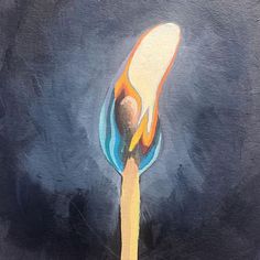 a painting of a lit matchstick with blue and yellow flames