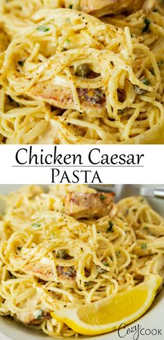 chicken caeser pasta with lemon wedges and parmesan cheese on top