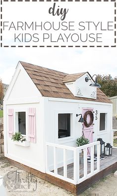 a small white house with pink shutters on the front porch and windows in the back